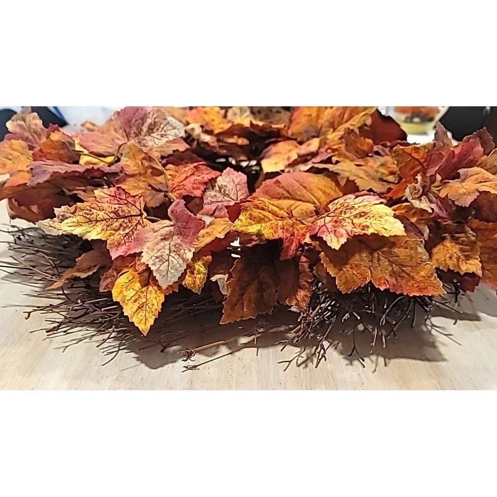 20in Fall Orange/Red Leaves And Twigs Wreath-Autumn-Door/Wall Decor